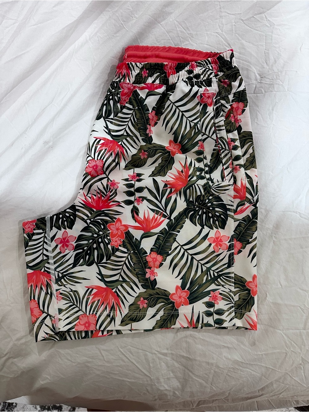 Birddogs Tropical Floral Elastic Waist Shorts - Coral & Green